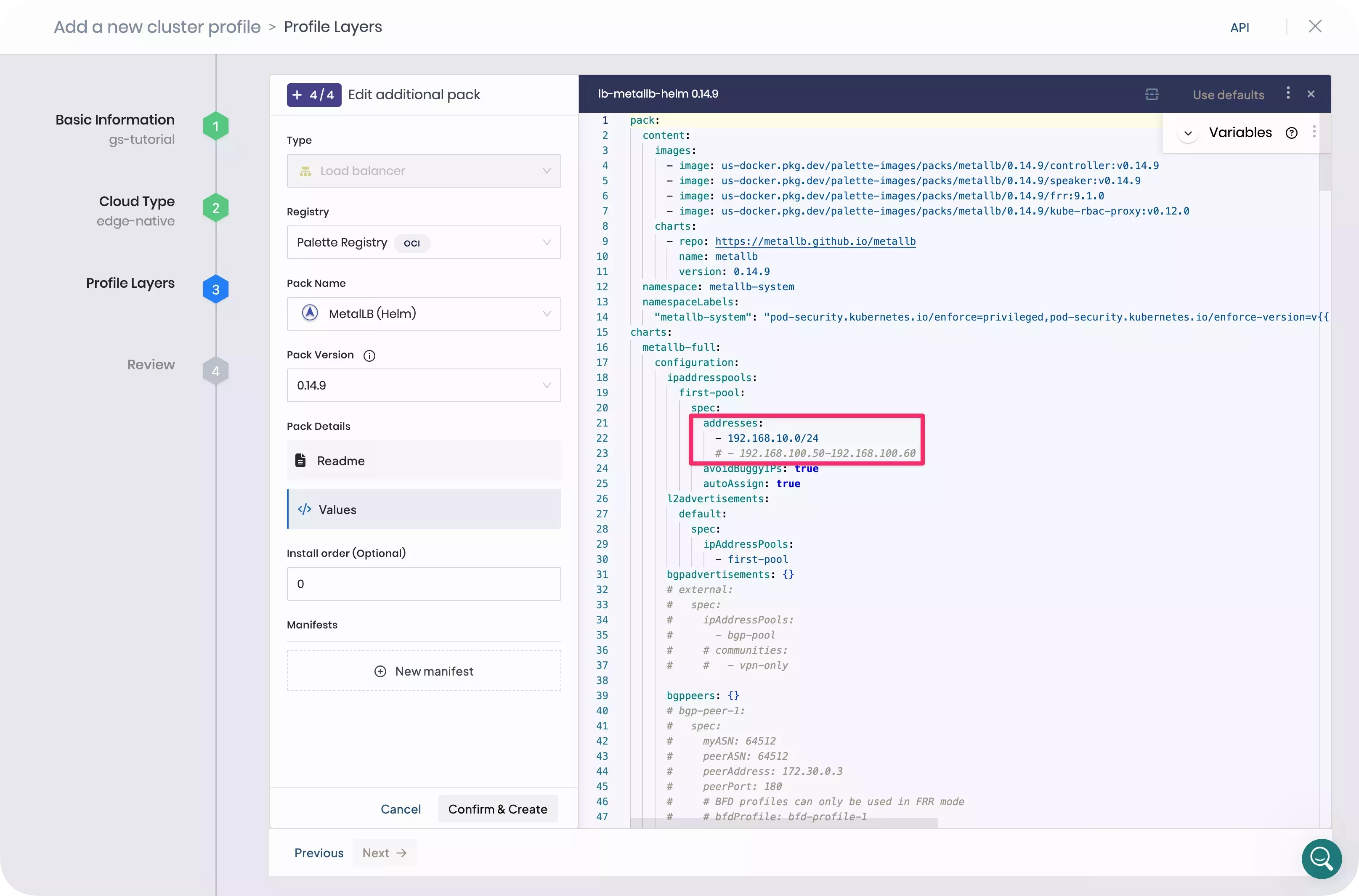 A screenshot of the cluster profile creation step with the MetalLB layer.