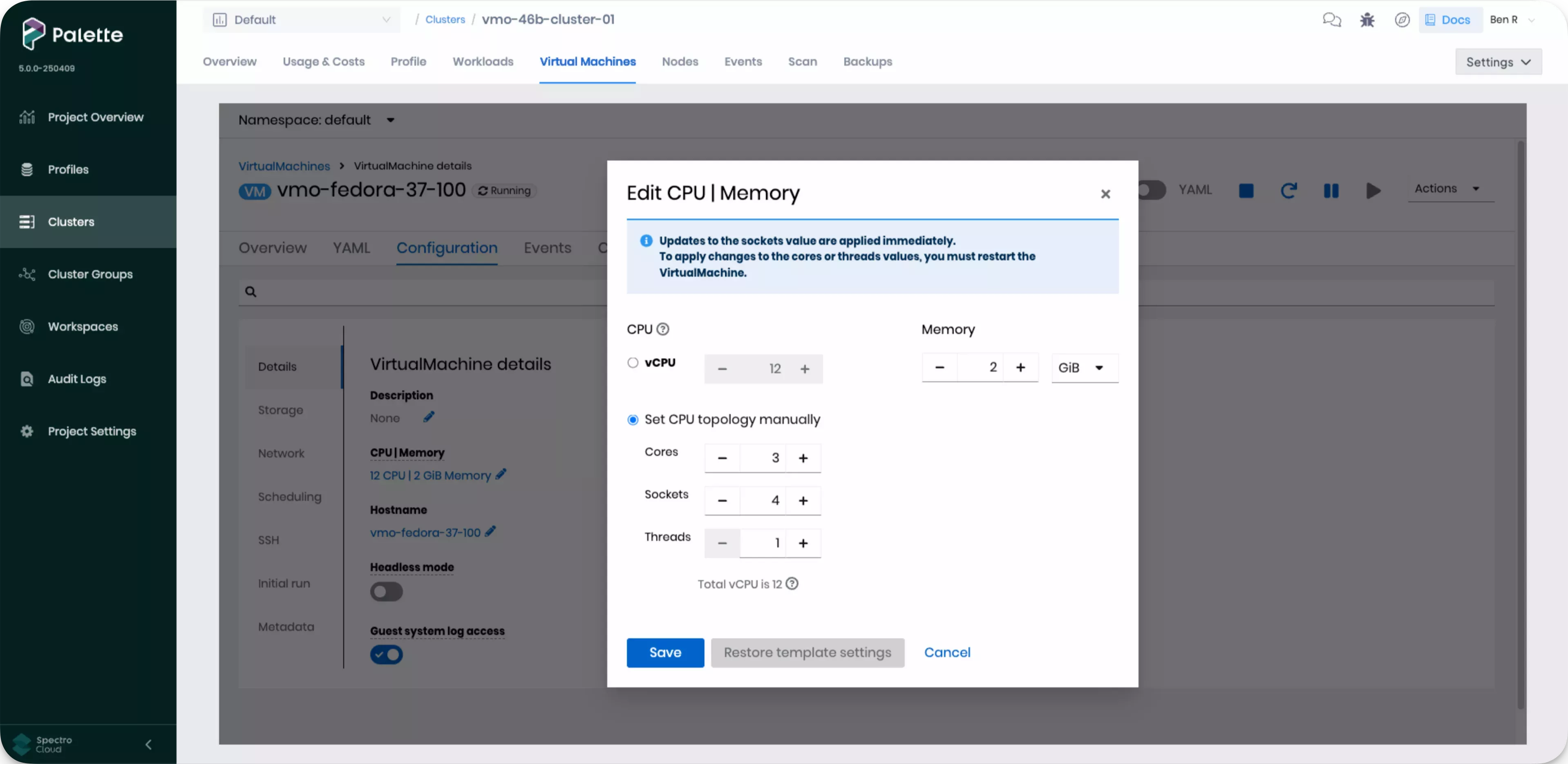 View of the Memory and CPU Change Box
